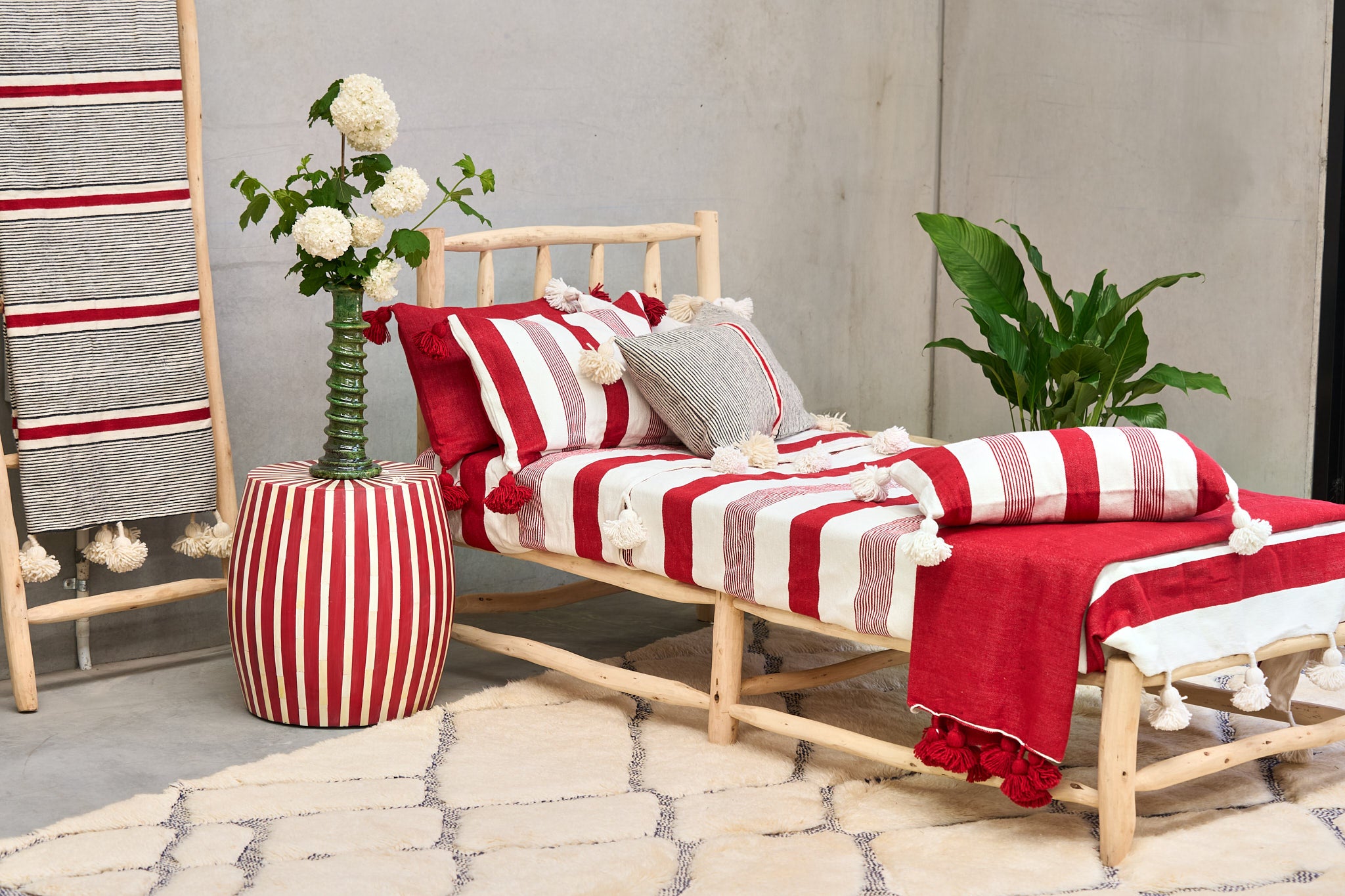 Bed or Couch Throw - Cotton with Pom Pom edging 150cm x 150cms All Red