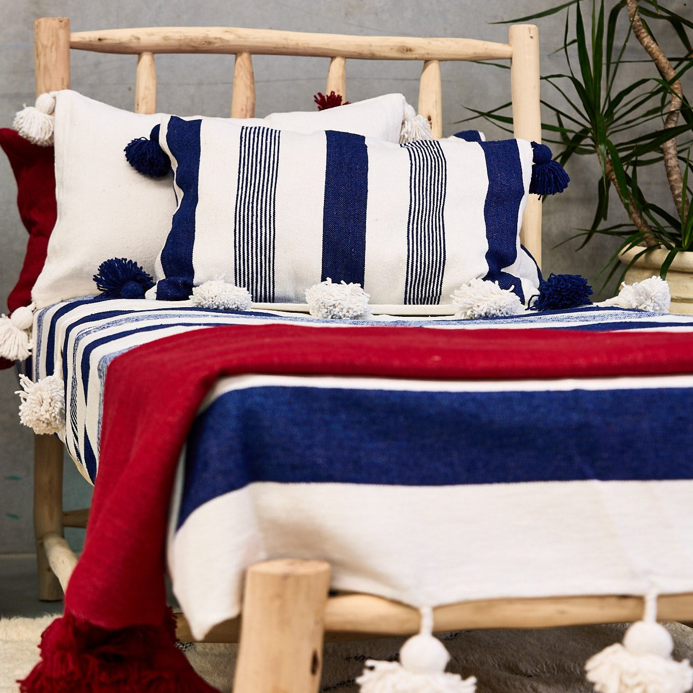 Bed or Couch Throw - Cotton with Pom Pom edging 150cm x 150cms All Red