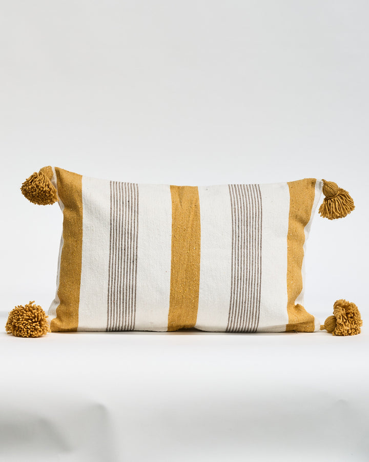 Cushion Cotton with Pom Poms 60x40cms Mustard stripe