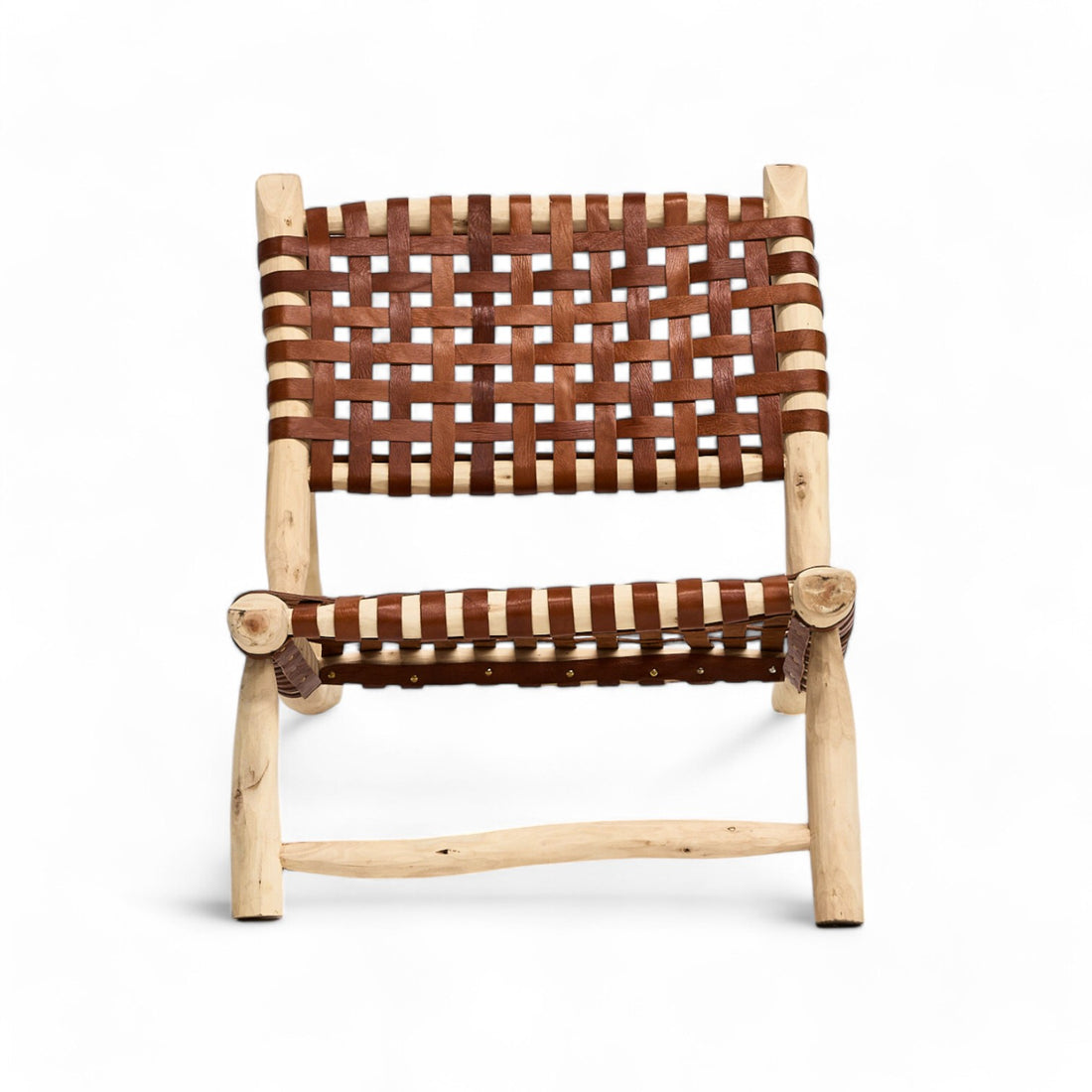Wooden chairs with leather cross lower to ground