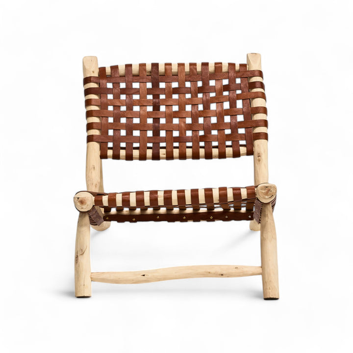 Wooden chairs with leather cross lower to ground