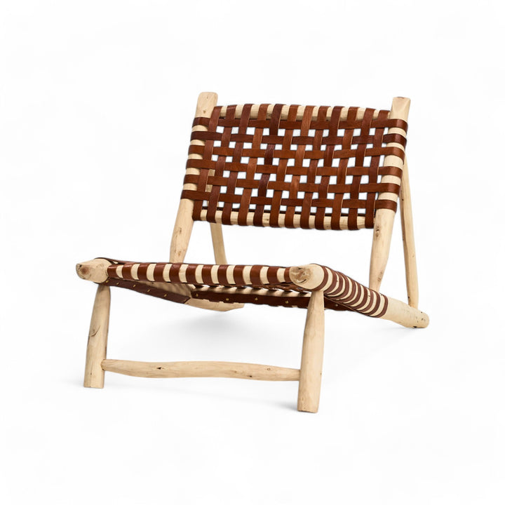 Wooden chairs with leather cross lower to ground